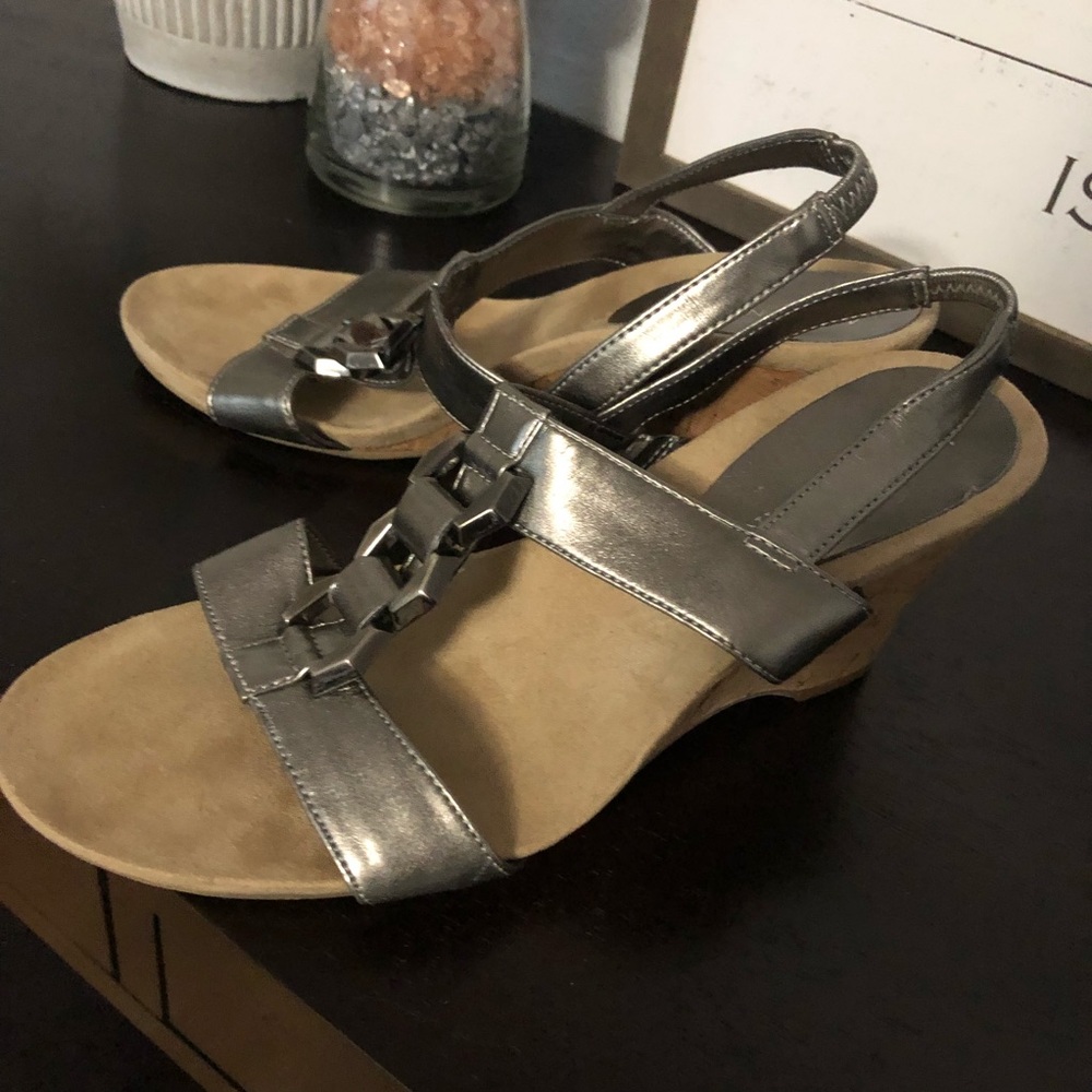 Anne Klein Pewter Wedge Sandals